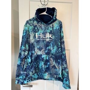 Huk Performance Fishing Hoodie Mens Large Blue Kryptek Pontus Camo Fleece Lined